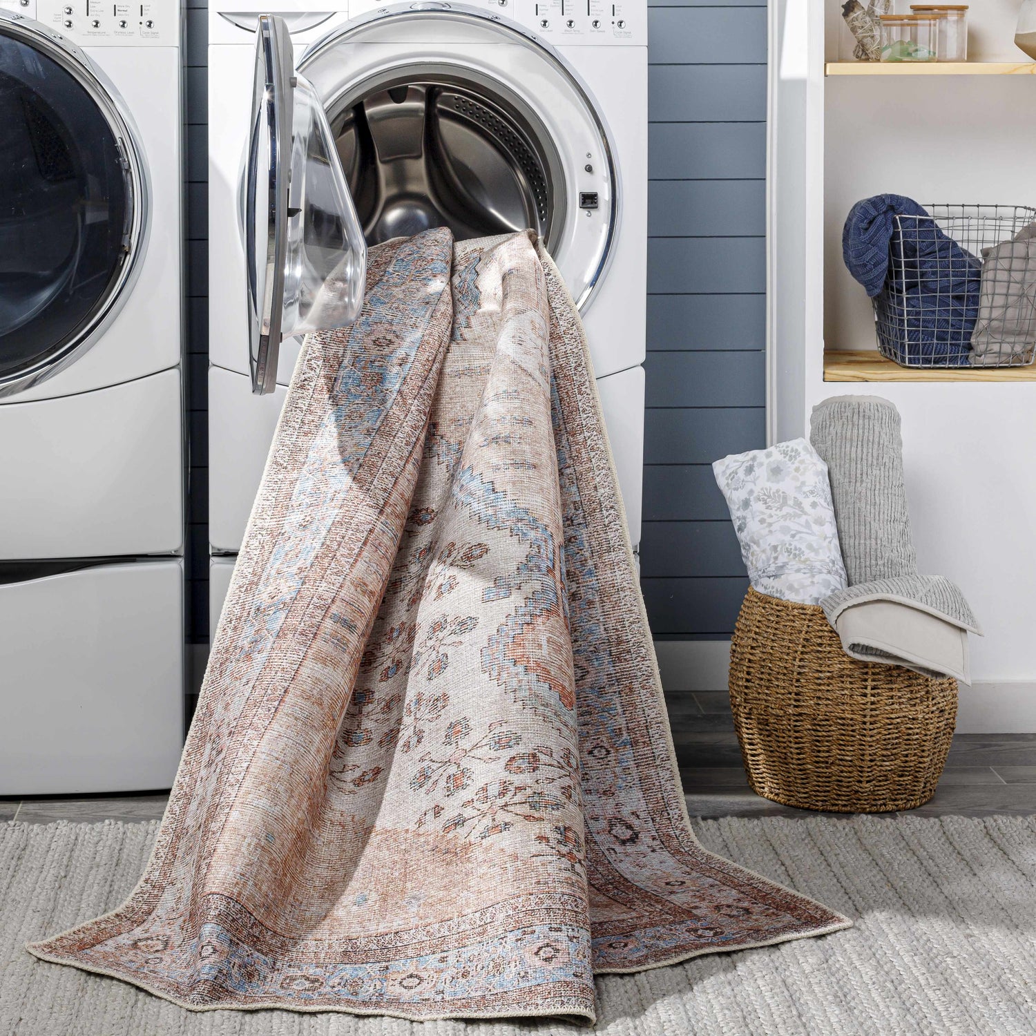 Moora Washable Area Rug in a laundry room, being taken out of a washing machine. Easy clean rug. Washing-Machine