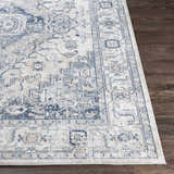 Close-up of the Murrindindi Area Rug. Features a traditional blue, cream, and gray oriental pattern on a dark wood floor. Front