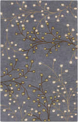 Close-up of the Elsu Brown Beige Wool Rug. Features a floral design with brown stems and beige & green buds on a gray background. Design-Rectangle-58