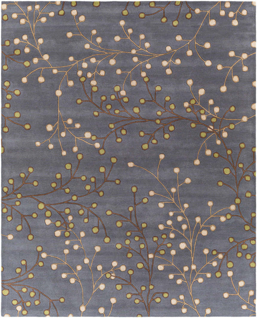 Close-up of the Elsu Brown Beige Wool Rug showcasing its floral design with brown branches and beige and green berries. Design-Rectangle-7696