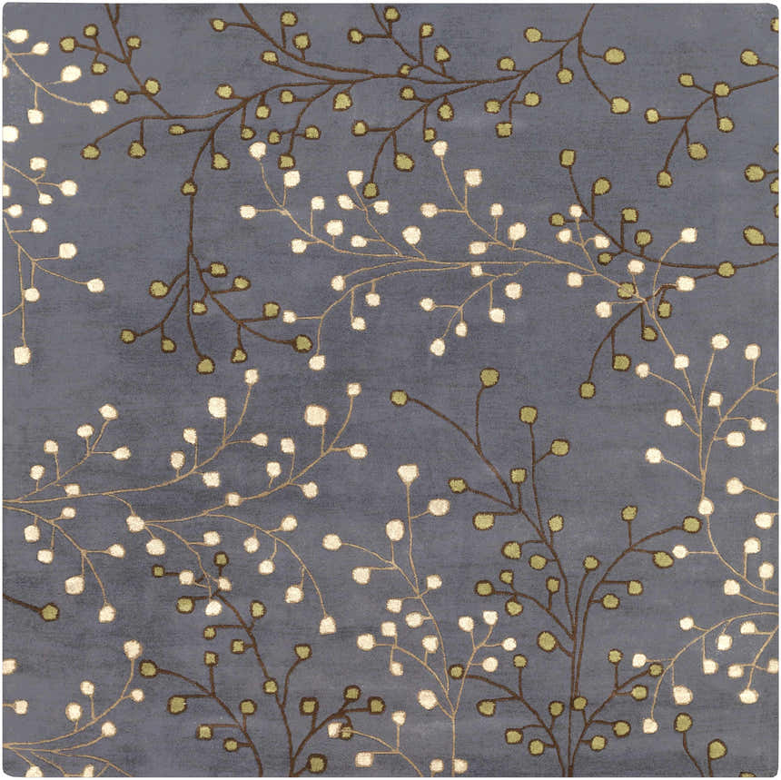 Close-up of the Elsu Brown Beige Wool Rug, featuring a floral branch pattern in brown, beige, and green on a denim background. Design-Square-8