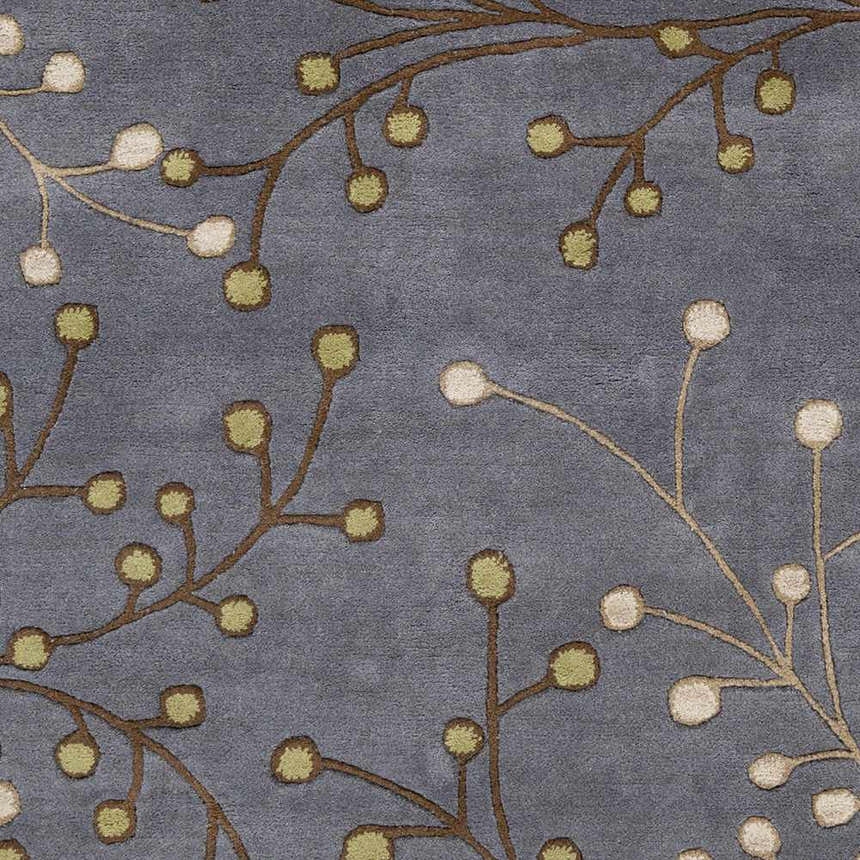 Close-up of the Elsu Brown Beige Wool Rug featuring a floral pattern with brown branches and beige and green buds. Swatch