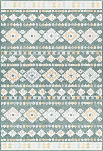 Close-up of Metta Medium Green Area Rug with diamond pattern in blue, cream, mustard, navy, and olive hues. Coastal style. Design-Rectangle-537