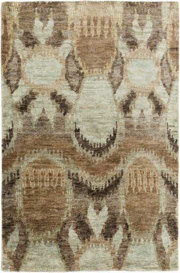Close-up of the Mitchellville Jute Carpet. Southwestern style rug in black, dusty sage, light olive, and white tones. Hand knotted texture. Design-Rectangle-58