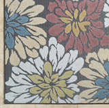 Close-up of Minga Charcoal Area Rug showing floral pattern in charcoal, cream, navy, olive, and rust colors. Corner