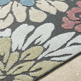 Close up of Minga Charcoal Area Rug showing floral pattern in cream, olive, rust, and navy. Polypropylene texture. Texture