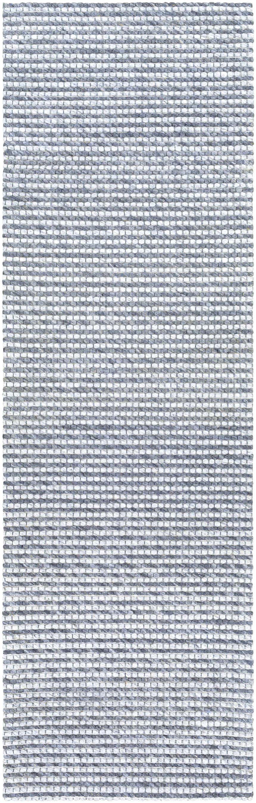 Close-up of the hand woven Mulgoa Area Rug. Medium gray and white textured rug with a contemporary design. Design-Runner-268