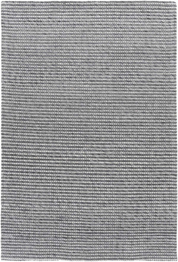 Close-up of the hand woven Mulgoa Area Rug. Medium gray wool and polyester create a textured, contemporary design. Design-Rectangle-576