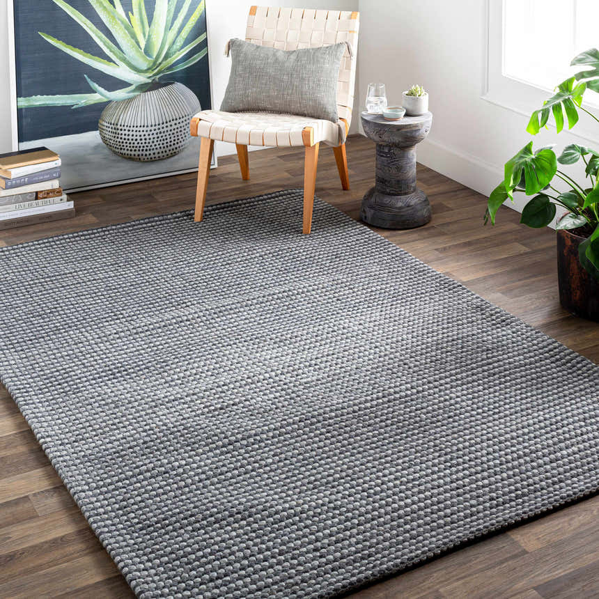 Contemporary living room scene with a gray hand woven Mulgoa Area Rug, chair, side table, and plant. Roomscene-Rectangle