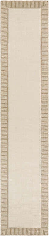 Close-up of the Muncie Area Rug. Beige center with a textured, brown border. Neutral tones. Design-Runner-23119