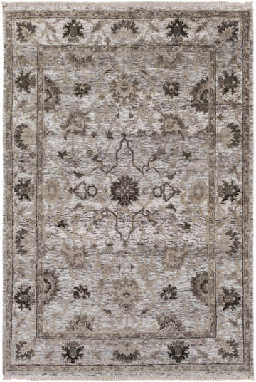 Close-up of the Murchison Area Carpet. Hand-knotted rug with black, cream, and olive floral design. Farmhouse style. Design-Rectangle