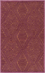 Close-up of Mylo Area Rug. Hand-woven wool rug with geometric diamond pattern in burnt orange and mauve hues. Design-Rectangle-576
