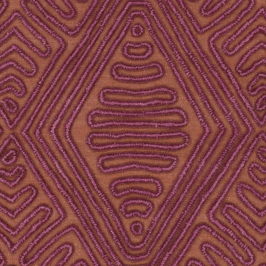 Close-up of the hand woven Mylo Area Rug. Burnt orange wool with a mauve geometric diamond pattern. Contemporary style. Swatch
