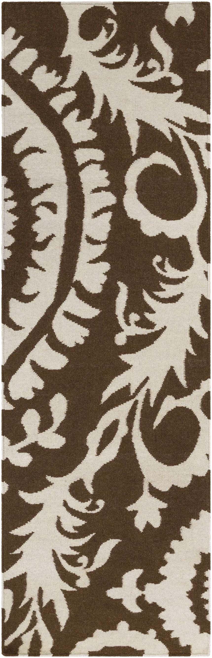 Close-up of the Naeva Area Rug, a hand-woven wool rug in dark brown and walnut with a contemporary floral pattern. Design-Runner-268