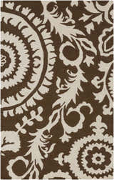 Close-up of the hand woven Naeva Area Rug. Dark brown wool rug with a cream-colored, contemporary floral and medallion pattern. Design-Rectangle-58