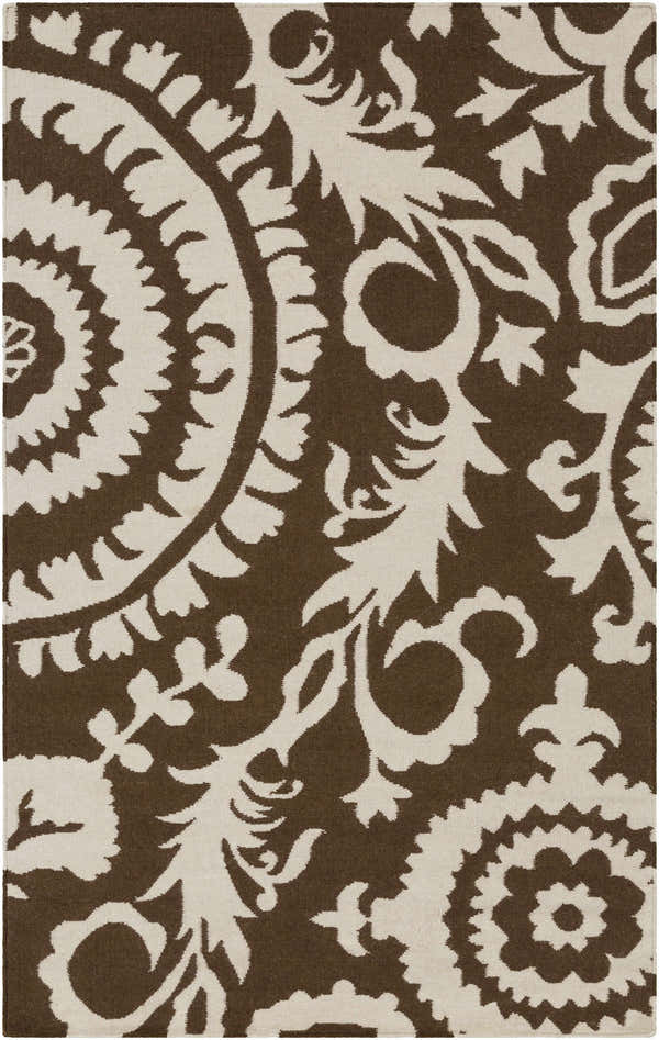 Close-up of the hand woven Naeva Area Rug. Dark brown wool rug with a cream-colored, contemporary floral and medallion pattern. Design-Rectangle-58