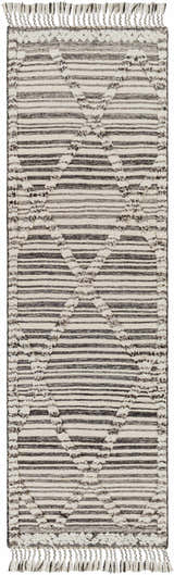 Close-up of the Nairobi Area Rug. Hand-knotted wool rug in black, gray, and ivory with striped and geometric patterns. Design-Runner-268