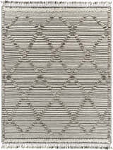Close-up of the Nairobi Area Rug. Hand-knotted wool rug with black stripes and ivory diamond pattern and fringe. Design-Rectangle-810