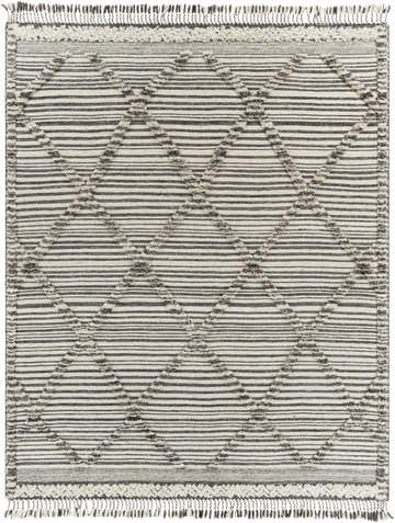 Close-up of the Nairobi Area Rug. Hand-knotted wool rug with black stripes and ivory diamond pattern and fringe. Design-Rectangle-810