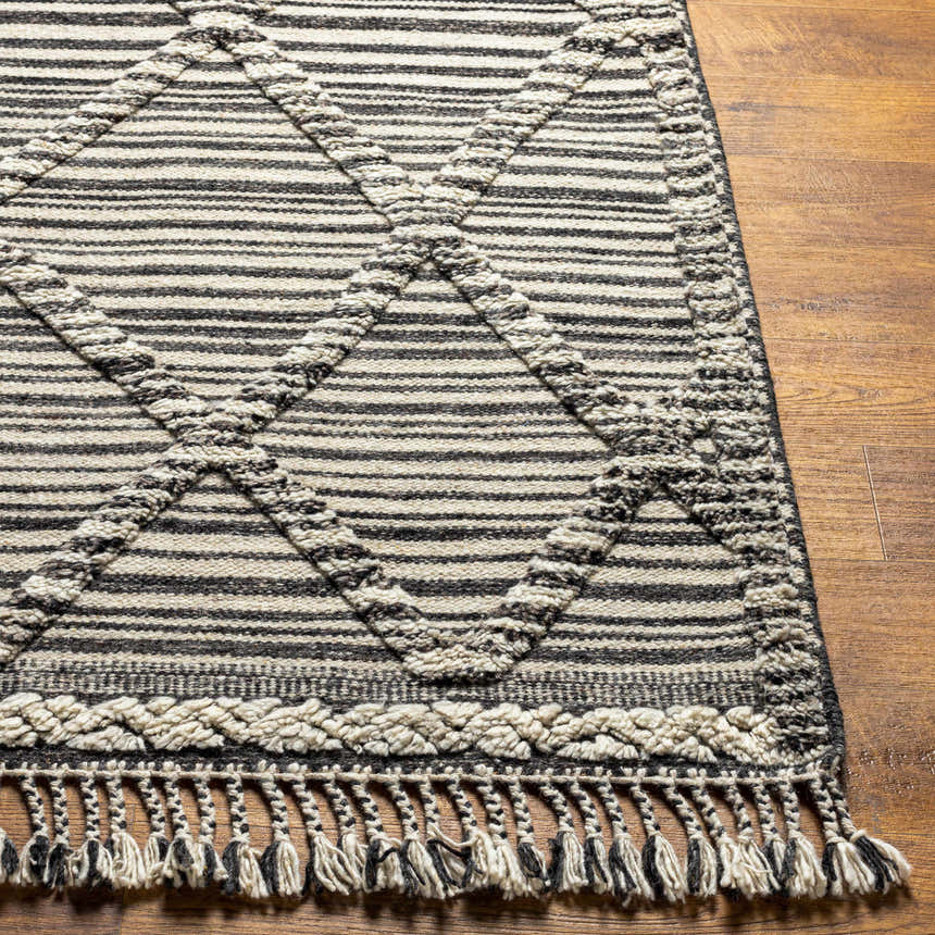 Close-up of the Nairobi Area Rug, a hand-knotted wool rug in black, gray, and ivory stripes with diamond pattern and tassels. Front