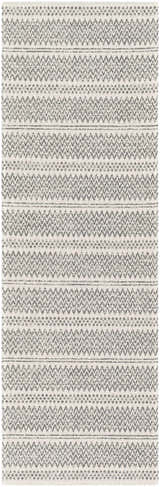 Close-up of Nalcrest Washable Area Rug. Gray and white cotton rug with a woven bohemian-style geometric pattern. Design-Runner-2773