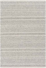 Close-up of Nalcrest Washable Area Rug. Bohemian style rug with charcoal, gray, and white chevron and dot pattern. Design-Rectangle-5373
