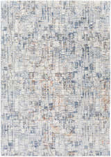 Close-up of the Nalus Area Rug, featuring a textured geometric pattern in cream, denim, and brick red. Design-Rectangle-579