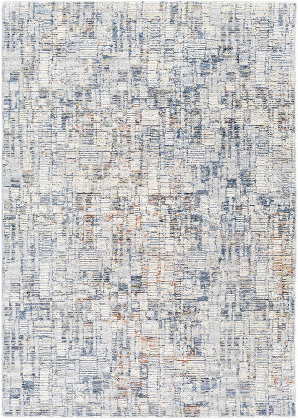 Close-up of the Nalus Area Rug, featuring a textured geometric pattern in cream, denim, and brick red. Design-Rectangle-579