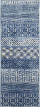 Close-up of the Nampa Area Rug. Denim, ivory, and navy geometric patterns create a contemporary, farmhouse style. Design-Runner-2773