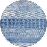 Round Nampa Area Rug in denim, ivory, and navy. Features contemporary geometric patterns and a machine-woven construction. Design-Round-67
