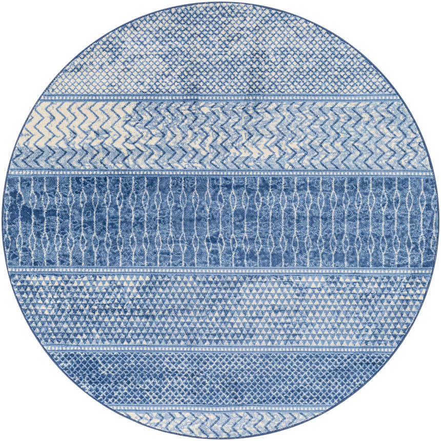 Round Nampa Area Rug in denim, ivory, and navy. Features contemporary geometric patterns and a machine-woven construction. Design-Round-67