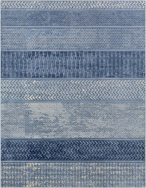 Close-up of the Nampa Area Rug, showcasing its denim, ivory, and navy contemporary striped pattern. Design-Rectangle-710103