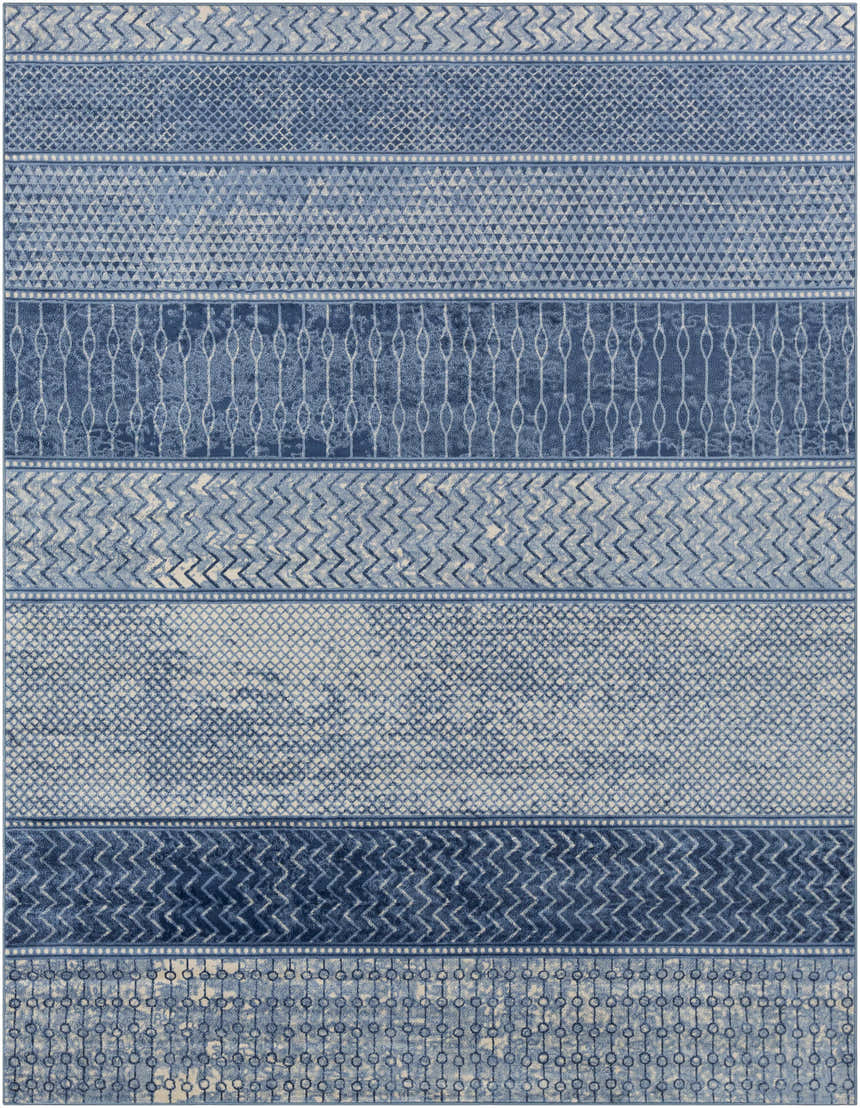 Close-up of the Nampa Area Rug, showcasing its denim, ivory, and navy contemporary striped pattern. Design-Rectangle-710103