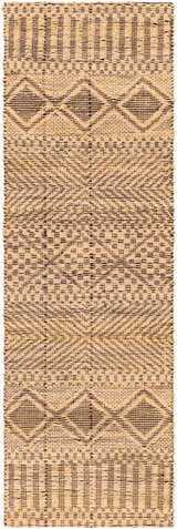 Close-up of the hand woven Nasugbu Jute Carpet. Tan jute rug with a black geometric pattern. Bohemian farmhouse style. Design-Runner-268