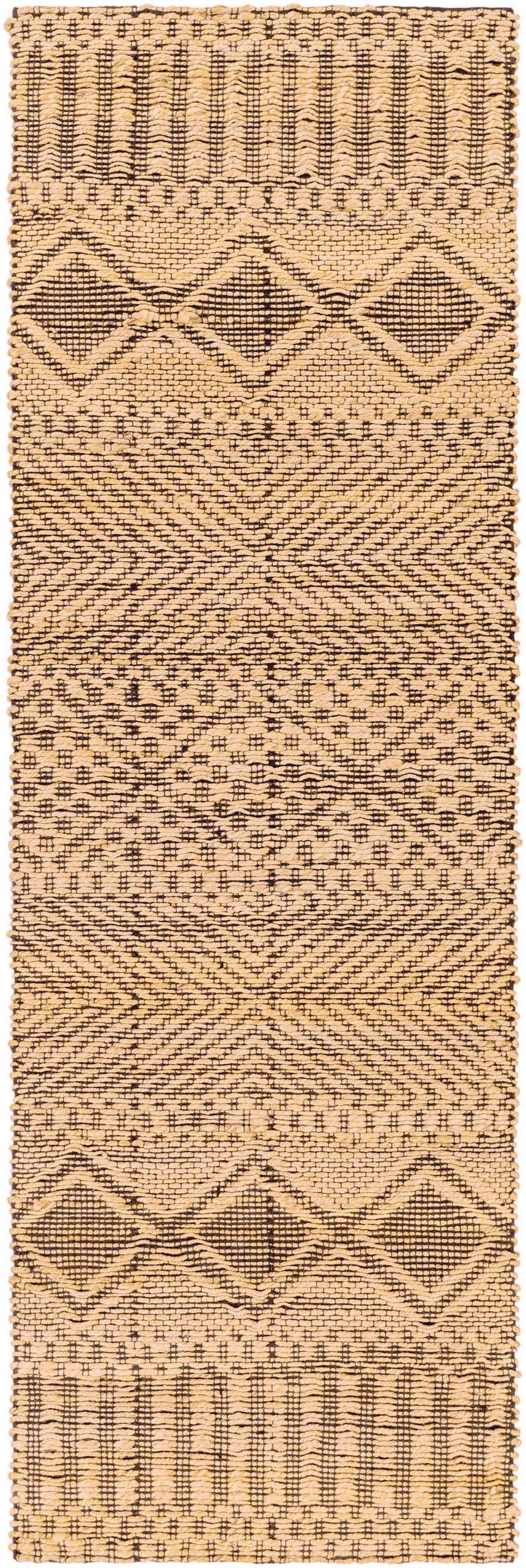 Close-up of the hand woven Nasugbu Jute Carpet. Tan jute rug with a black geometric pattern. Bohemian farmhouse style. Design-Runner-268