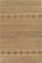 Close-up of the hand woven Nasugbu Jute Carpet, featuring a geometric pattern in tan and black. Design-Rectangle-576