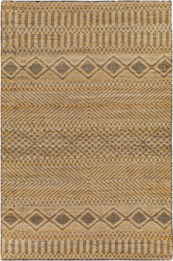Close-up of the hand woven Nasugbu Jute Carpet, featuring a geometric pattern in tan and black. Design-Rectangle-576