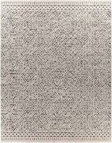 Close-up of the Naylor Beige/Charcoal Rug. Features a geometric triangle pattern and decorative borders. Farmhouse style. Design-Rectangle-710103