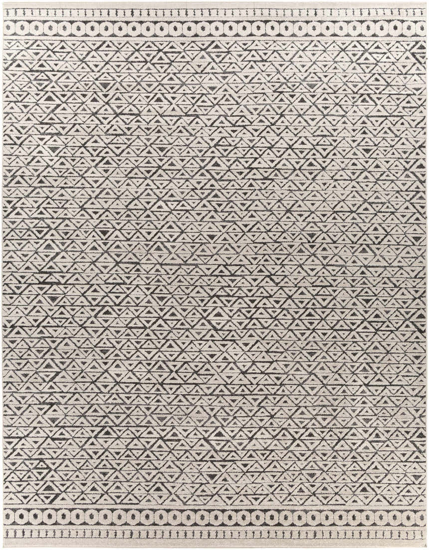 Close-up of the Naylor Beige/Charcoal Rug. Features a geometric triangle pattern and decorative borders. Farmhouse style. Design-Rectangle-710103