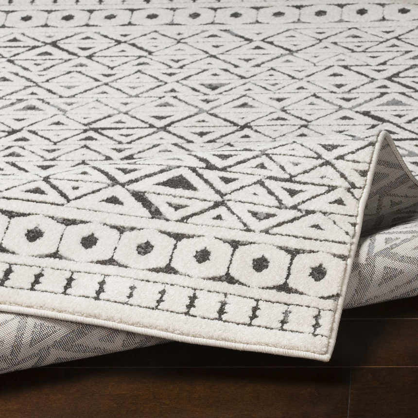 Close-up of Naylor Beige/Charcoal Rug. Farmhouse style rug with geometric diamond and circle pattern. Machine woven texture. Fold