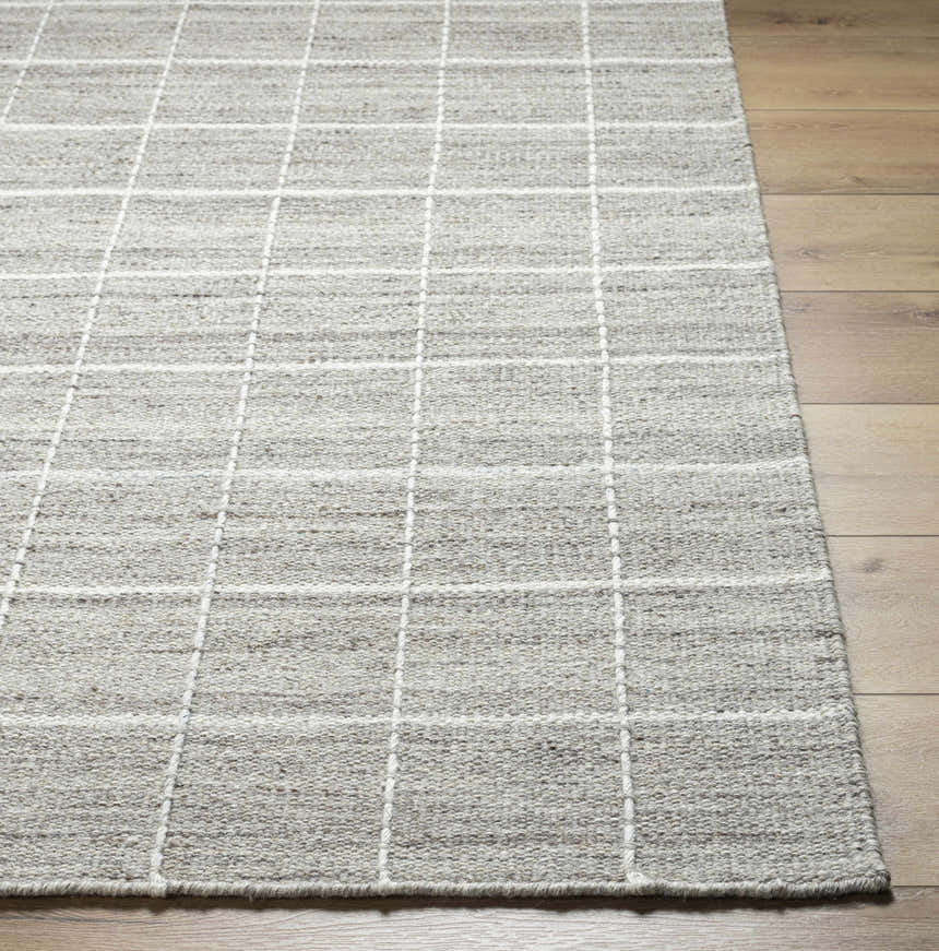 Close-up of the hand-woven Nissa Checkered Area Rug. Light gray wool rug with an off-white checkered pattern. Front