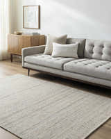 Living room with gray sofa, wood cabinet, and tan woven Nissa Tan Area Rug. Roomscene-Rectangle