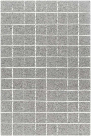 Close-up of the Nissa Gray Checkered Wool Rug, featuring a hand-woven gray and light silver checkered pattern. Design-Rectangle-576