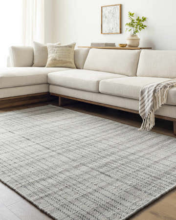 Living room scene with a light beige sectional sofa and the Nissa Blue Gray Checkered Area Rug on hardwood floors. Roomscene-Rectangle