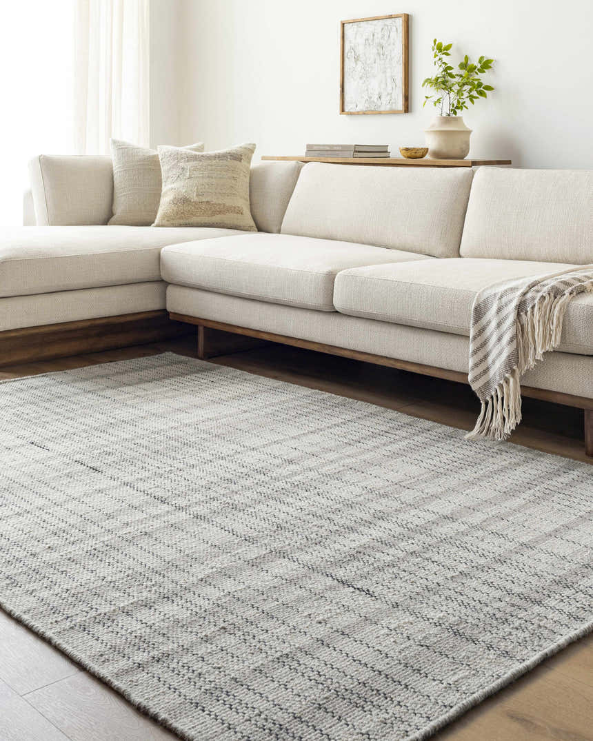 Living room scene with a light beige sectional sofa and the Nissa Blue Gray Checkered Area Rug on hardwood floors. Roomscene-Rectangle