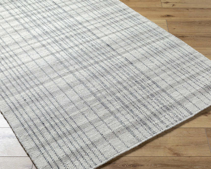Close-up of the hand woven Nissa Blue Gray Checkered Area Rug on wood floor. Light silver, sage, and slate blue wool rug. Corner
