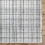 Close-up of the hand woven Nissa Blue Gray Checkered Area Rug showing its light silver, sage, and slate blue tones. Corner