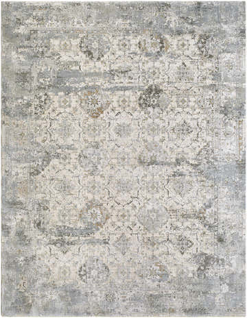 Close-up of the Njema Thick Luxe Boutique Rug. Traditional design in charcoal, cream, light brown, and light gray. Machine woven texture. Design-Rectangle-710103