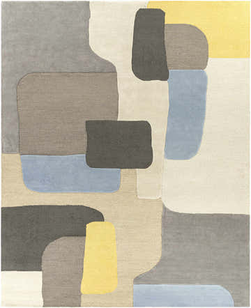 Close-up of the hand-tufted Indialantic Area Rug. Contemporary geometric design in beige, charcoal, yellow, and pale blue wool. Design-Rectangle-810