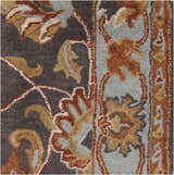Close-up of the hand-tufted Cherryfield 1004 rug. Wool rug features beige, burnt orange, and charcoal floral pattern. Swatch